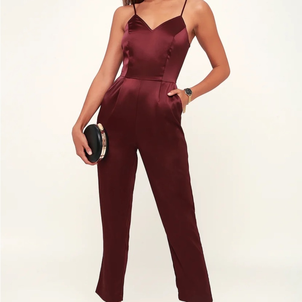 Lulu’s Burgandy Satin Jumpsuit
